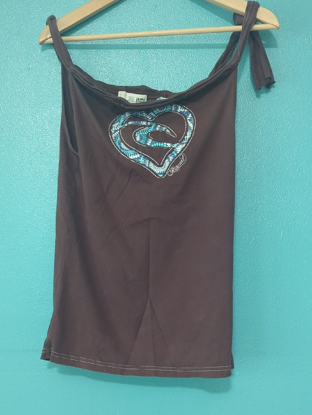 Rio Curl Brown Tank Top with Blue Heart Logo and Tie Straps